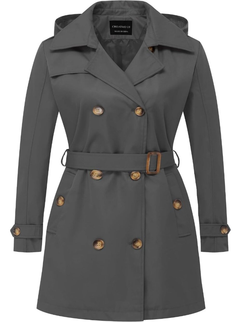 Women Grey Cuff Sleeve Classic Lapel Double-Breasted Detachable Hood Trench Coat